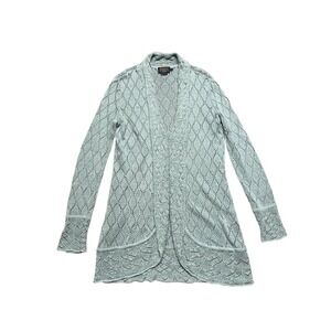 Pendleton Long Open Front Crochet Knit Cardigan Sweater Light Green Small Linen